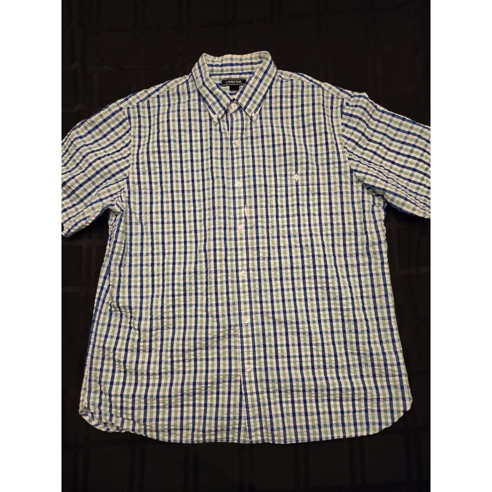 Lands End Shirt Mens Large , Blue, Traditional Fit Plaid Short Sleeve Button Up
